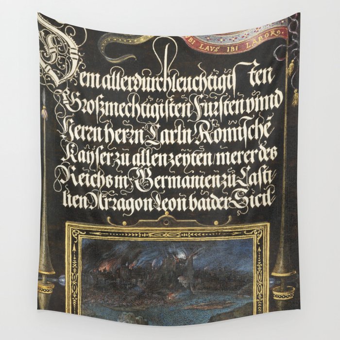Vintage calligraphic art burning city Wall Tapestry