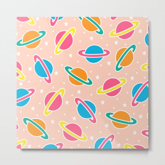 Space Planets Pattern in Pink Metal Print