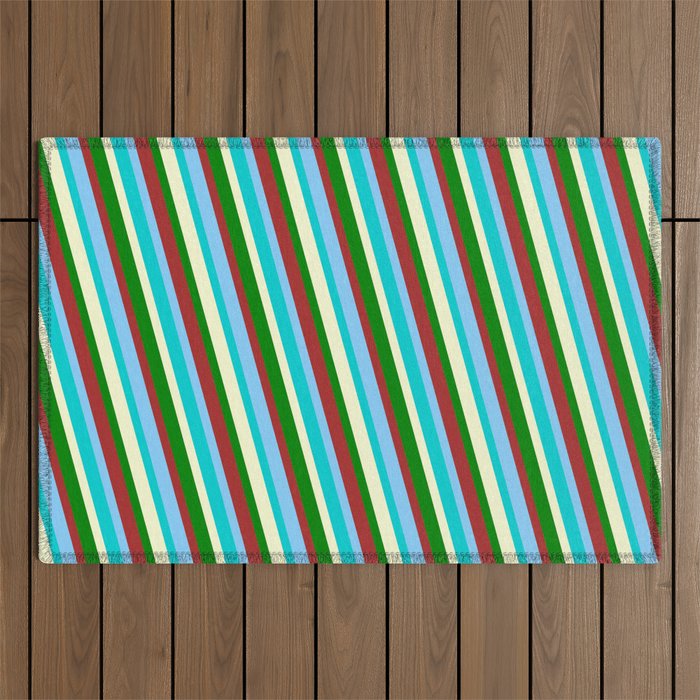 Colorful Brown, Light Sky Blue, Dark Turquoise, Light Yellow & Green Colored Lined/Striped Pattern Outdoor Rug