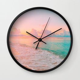 Beautiful: Aqua, Turquoise, Pink, Sunset Relaxing, Peaceful, Coastal Seashore Wall Clock