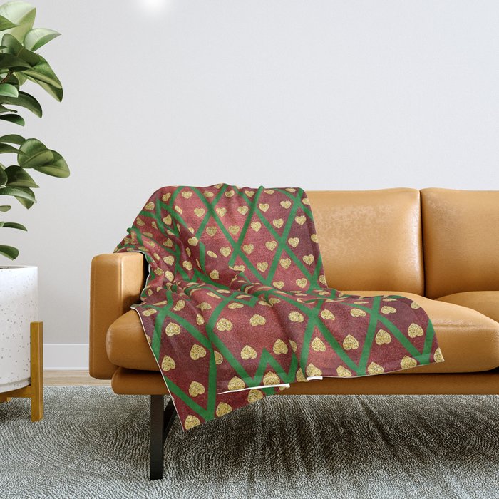 Gold Hearts on a Red Shiny Background with Green Crisscross  Diamond Lines Throw Blanket