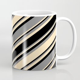 [ Thumbnail: Black, Grey & Beige Colored Striped Pattern Coffee Mug ]