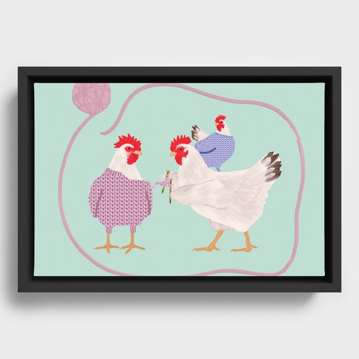 Chickens Knitting Framed Canvas