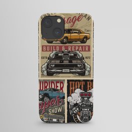 Custom cars vintage colorful posters with lowrider muscle and hot rod cars turbo engine classic retro automobile pretty tattooed woman holding spanner vintage illustration iPhone Case
