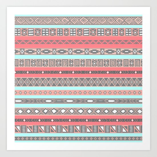 Peach Rose Baby Blue Aztec Tribal Native Pattern Art Print