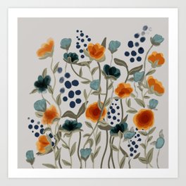 Dreamy Blue & Orange Wildflowers Art Print