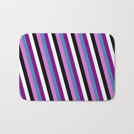 [ Thumbnail: Eyecatching Blue, Orchid, Black, Mint Cream & Purple Colored Stripes Pattern Bath Mat ]
