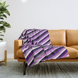 [ Thumbnail: Vibrant Gray, Orchid, White, Black & Indigo Colored Stripes/Lines Pattern Throw Blanket ]