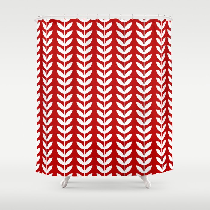 Red and White Scandinavian leaves pattern Shower Curtain