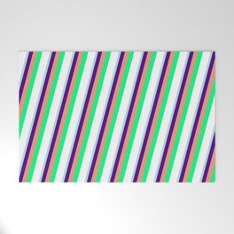 [ Thumbnail: Powder Blue, Indigo, Dark Salmon, Green, and White Colored Pattern of Stripes Welcome Mat ]