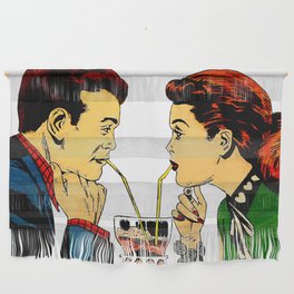 Diner Date - 1950s Young Couple Sharing a Shake Wall Hanging