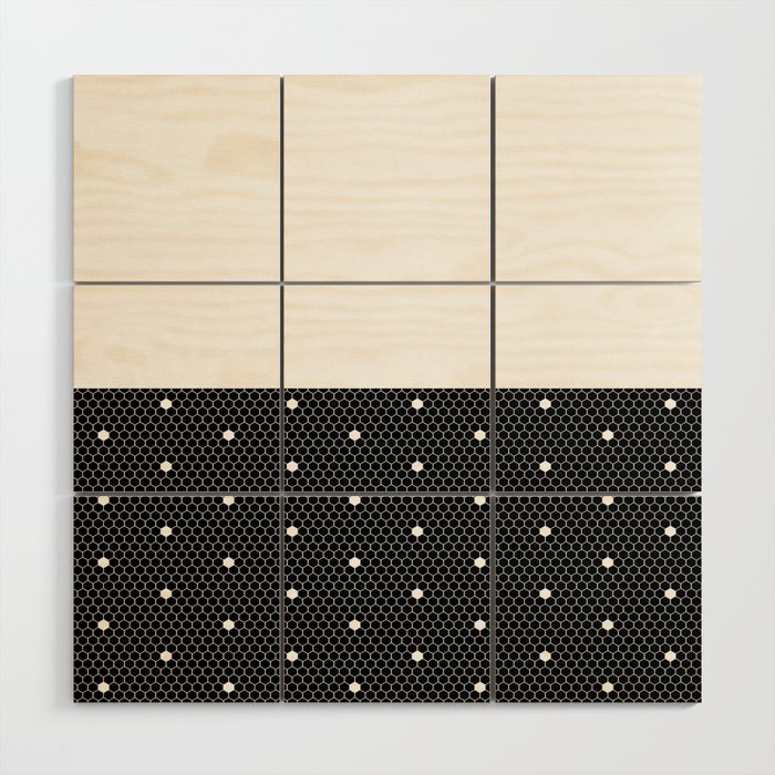 White Polka Dots Lace Horizontal Split on Black Wood Wall Art