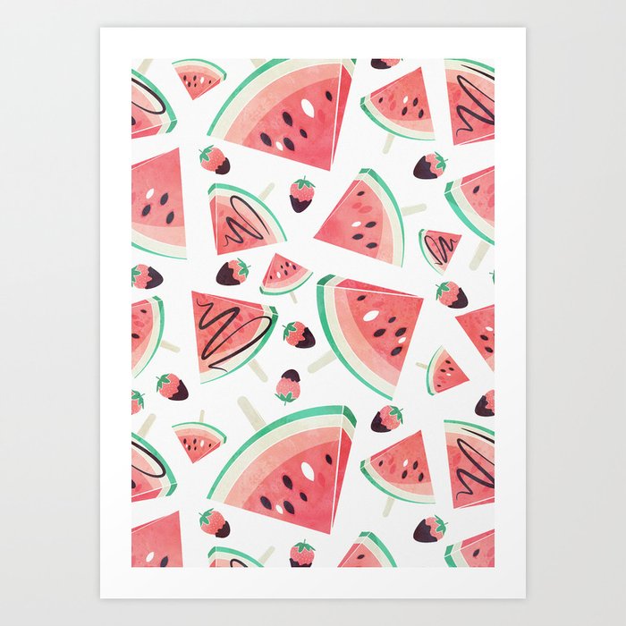 Watermelon popsicles, strawberries and chocolate Art Print