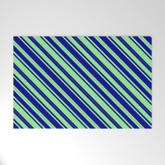 Light Green & Dark Blue Colored Lined Pattern Welcome Mat