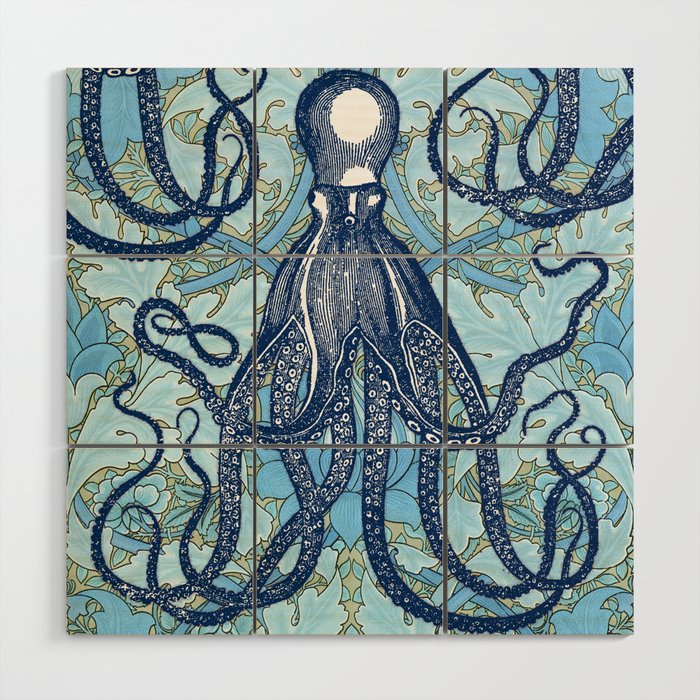 Antique Octopus on William Morris Floral Wood Wall Art