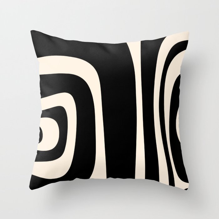 Tiki Minimalist Mid-Century Modern Abstract Pattern Black and Almond Cream Throw Pillow