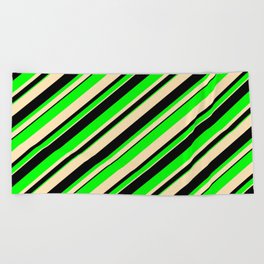 [ Thumbnail: Beige, Black & Lime Colored Lined/Striped Pattern Beach Towel ]