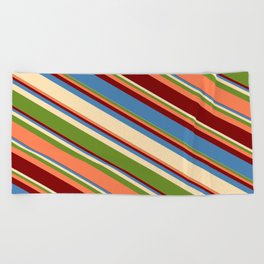[ Thumbnail: Blue, Beige, Green, Coral, and Maroon Colored Lined Pattern Beach Towel ]