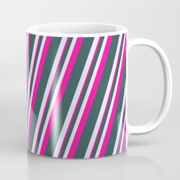 [ Thumbnail: Dark Slate Gray, Lavender & Deep Pink Colored Lines/Stripes Pattern Coffee Mug ]