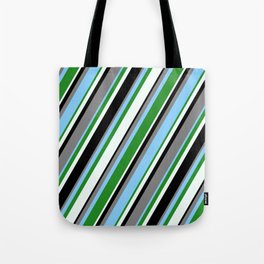 [ Thumbnail: Gray, Light Sky Blue, Forest Green, Mint Cream & Black Colored Striped Pattern Tote Bag ]