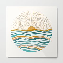 The Sun and The Sea - Gold and Teal Metal Print | Teal, Rays, Summer, Painting, Sun, Metallic, Sky, Sunshine, Beach, Sunset 