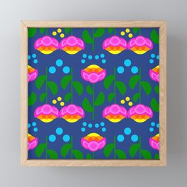 Tulip Time Colorful Spring Garden Modern Scandi Flowers And Dots Geo Hot Pink And Orange Floral Pattern With Yellow And Turquoise On Navy Blue Framed Mini Art Print