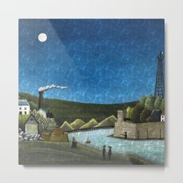 Moon on the River Seine, Paris, France blue reflection landscape painting by Henri Rousseau; La Seine à Suresnes Metal Print