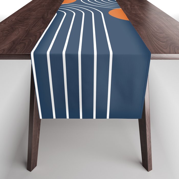 Mid Century Modern Geometric 83 in Navy Blue and Orange (Rainbow and Sun Abstraction) Table Runner