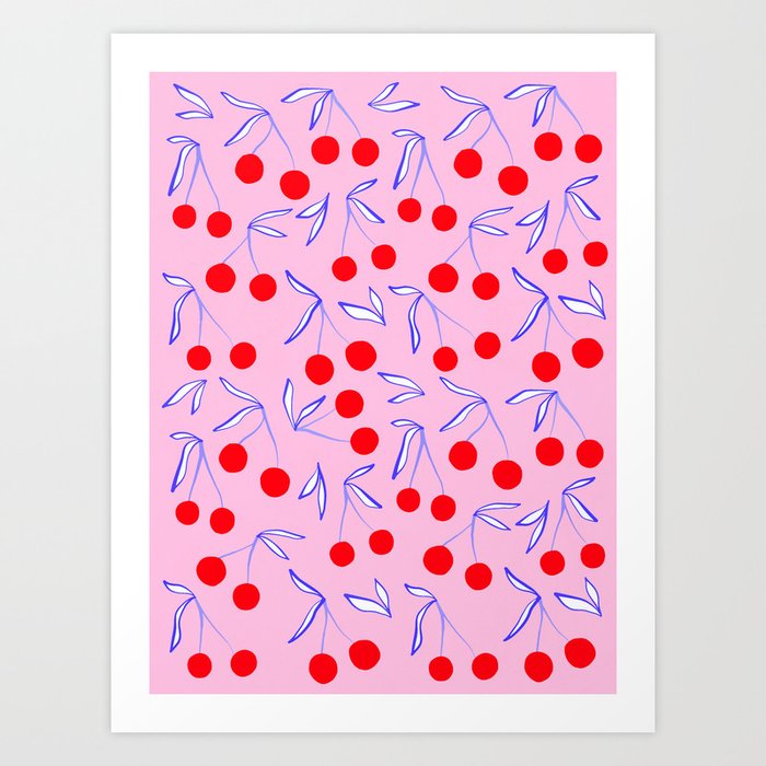 Ditsy Kitsch Cherry pattern in Pink, Red, Blue Art Print