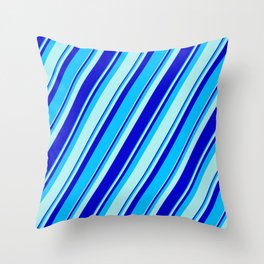 [ Thumbnail: Turquoise, Blue, and Deep Sky Blue Colored Pattern of Stripes Throw Pillow ]