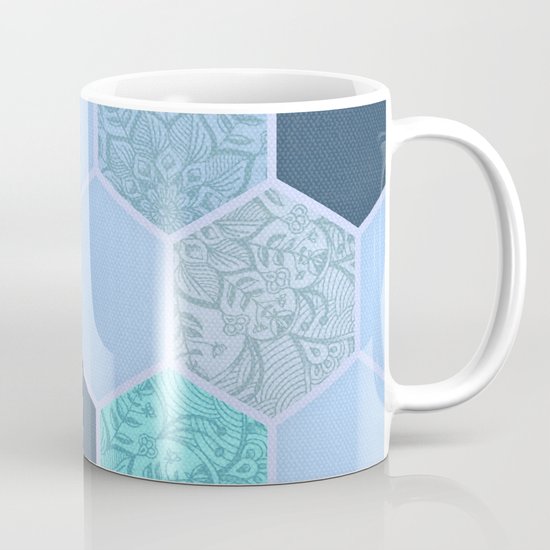 Denim Blue, Aqua & Indigo Hexagon Doodle Pattern Coffee Mug