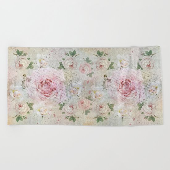 Romantic vintage roses and French handwriting Beach Towel