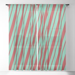 [ Thumbnail: Aquamarine & Red Colored Striped Pattern Sheer Curtain ]