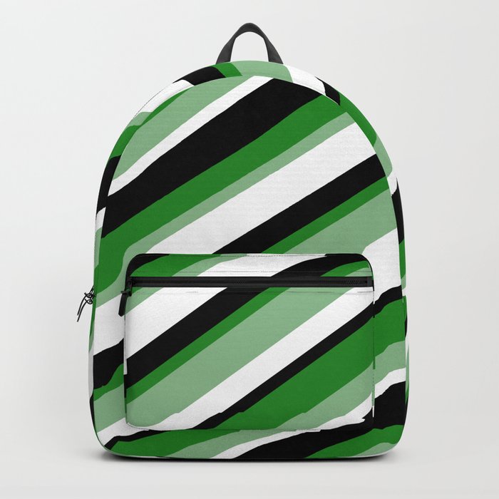 Forest Green, Dark Sea Green, White & Black Colored Striped Pattern Backpack