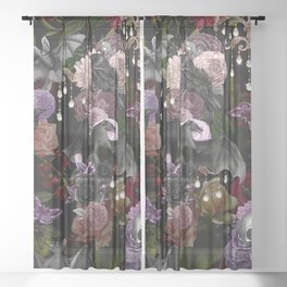 Vintage Floral Gothic and Bat Halloween Sheer Curtain