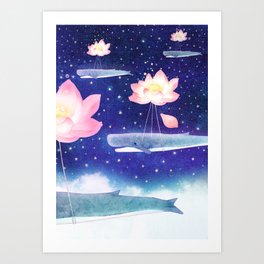 Lotus Whales Art Print