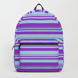 [ Thumbnail: Dark Orchid & Light Blue Colored Stripes/Lines Pattern Backpack ]