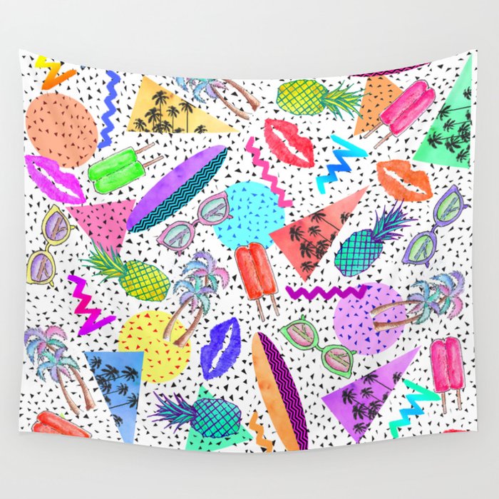 Retro 80's 90's Summer Beach Collage Pattern Wall Tapestry