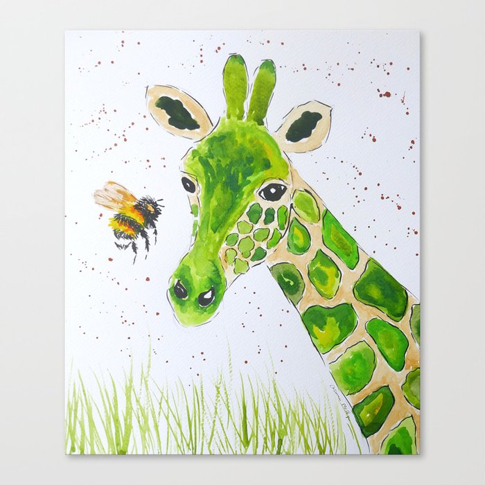 Cute Green Giraffe And A Bumble Bee Canvas Print By