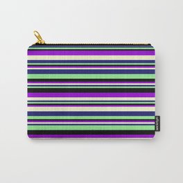 [ Thumbnail: Dark Violet, Light Yellow, Midnight Blue, Light Green, and Black Colored Lined/Striped Pattern Carry-All Pouch ]