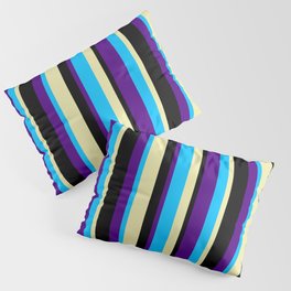 [ Thumbnail: Deep Sky Blue, Indigo, Black, and Pale Goldenrod Colored Pattern of Stripes Pillow Sham ]