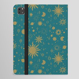 Celestial Sun Moon Stars Pattern - Teal iPad Folio Case