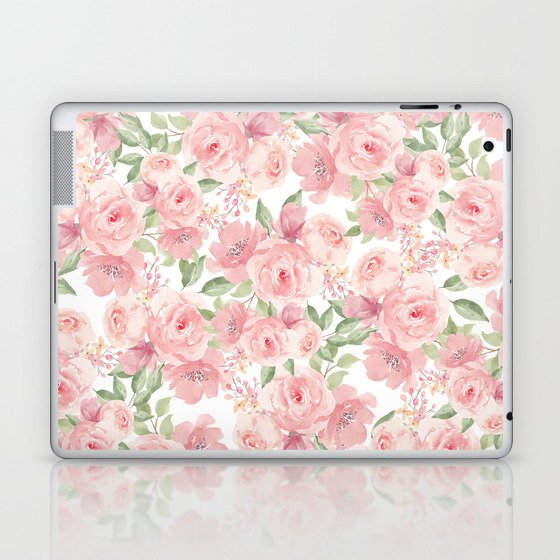 Watercolor botanical pink coral green summer flowers Laptop & iPad Skin