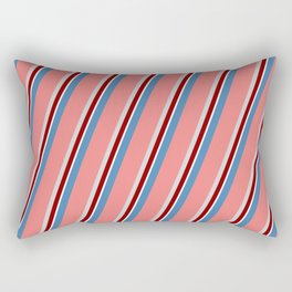 [ Thumbnail: Eyecatching Blue, Light Coral, Light Grey, Dark Red, and White Colored Stripes Pattern Rectangular Pillow ]