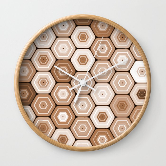Multicolor Sepia Beige Tan Brown Hexagons Wall Clock
