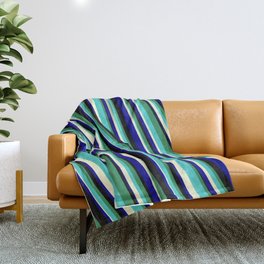 [ Thumbnail: Eyecatching Sea Green, Turquoise, Light Yellow, Dark Blue, and Black Colored Stripes/Lines Pattern Throw Blanket ]