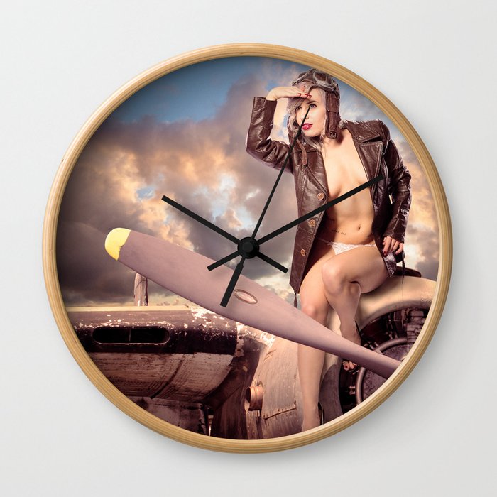 "Captain Felix" - The Playful Pinup - Bomber Jacket Pin-up Girl by Maxwell H. Johnson Wall Clock