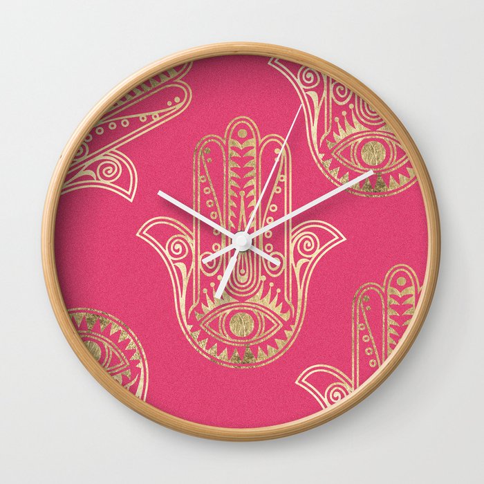 Neon Pink Faux Gold Inspirational Hamsa Hand Of Fatima Wall Clock