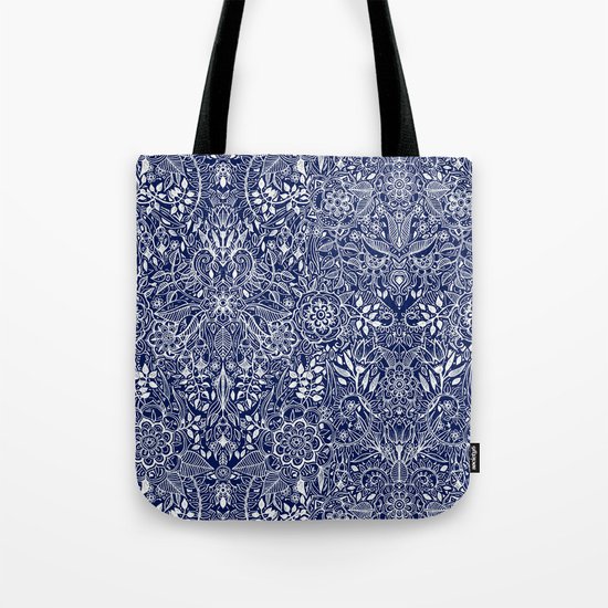 Detailed Floral Pattern in White on Navy Tote Bag