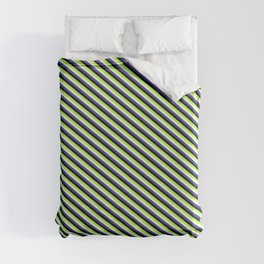[ Thumbnail: Light Green, Mint Cream, Dark Slate Blue, and Black Colored Striped/Lined Pattern Duvet Cover ]